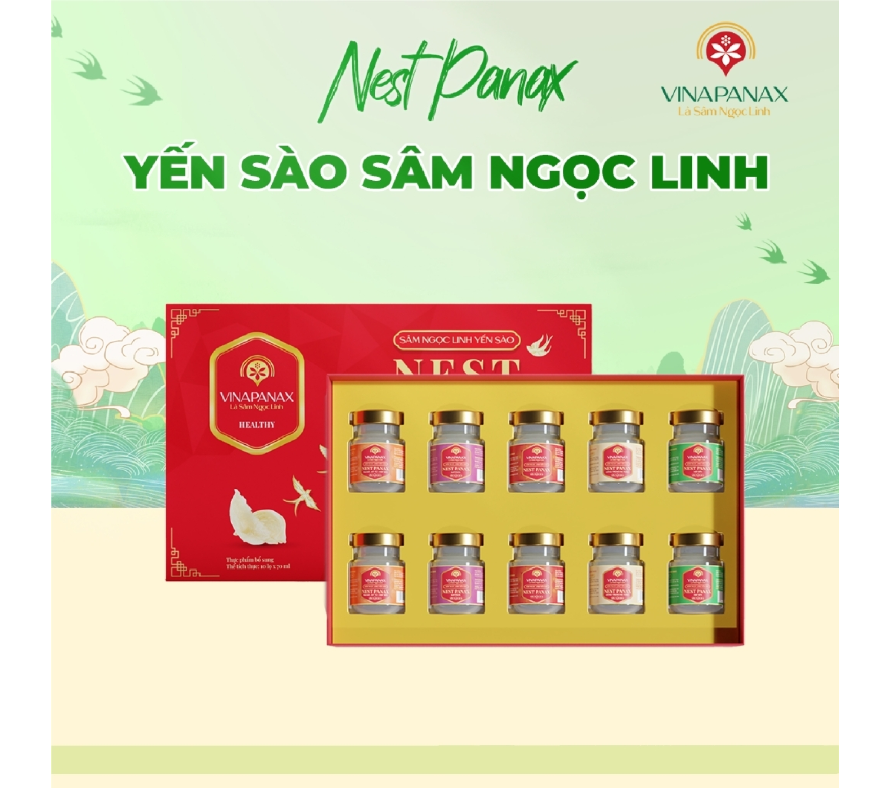 Hộp Quà Tặng Cao Cấp 10 Hũ Yến Sào Sâm Ngọc Linh Nest Panax - Yến Sào Khánh Hòa Chưng Sẵn 35% (10 hũ x70ml)